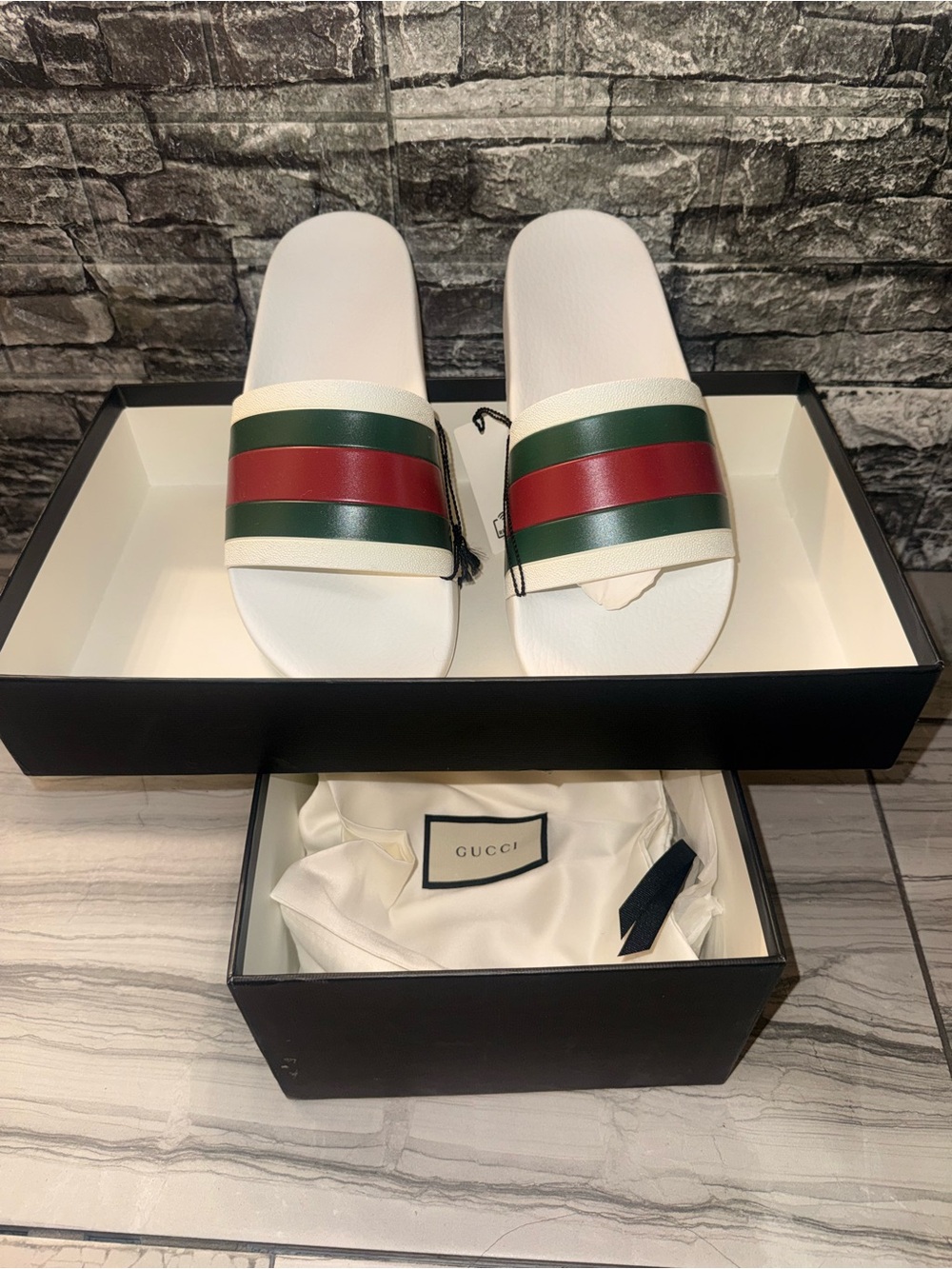 Gucci White Slides with Red and Green Stripe Band